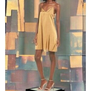 PST Project Social T Gold Satin Slip Mini Dress Chemise Size S Party Date Night